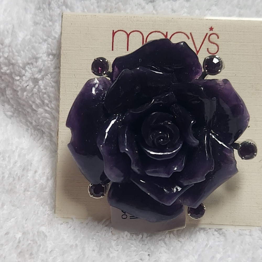 Purple Rose Brooch Pin Silver Tone Rhinestone Accents Floral ‎ chunky